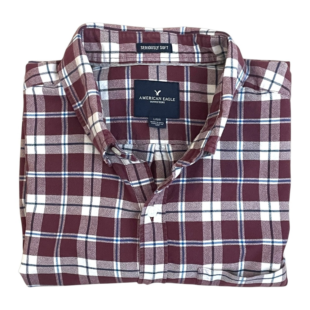 American Eagle Seriously Soft Men's LARGE L/S Maroon Plaid Shirt Very Clean